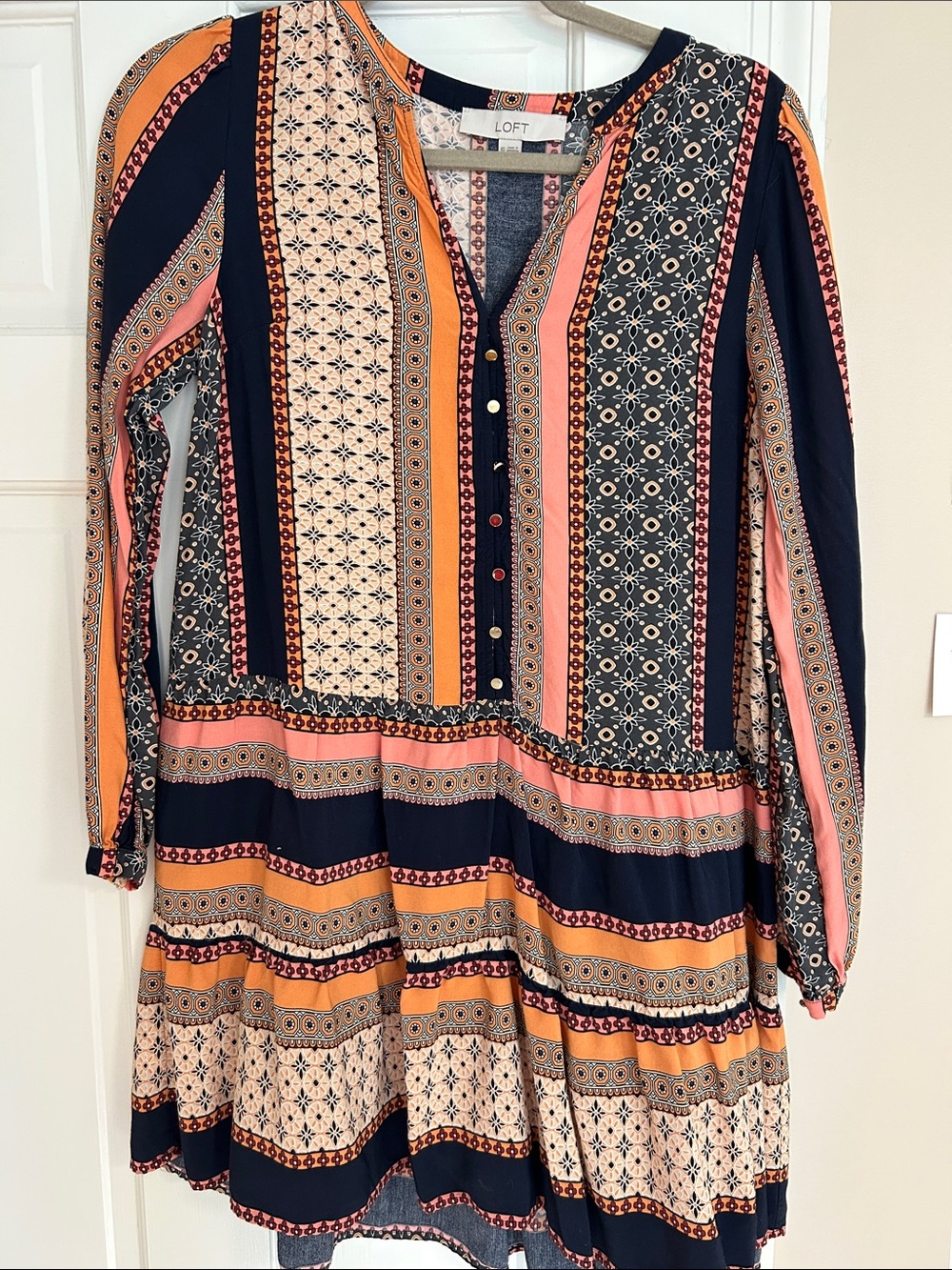LOFT Navy, Peach & Cream Striped Pattern Long-Sleeve Tiered Dress